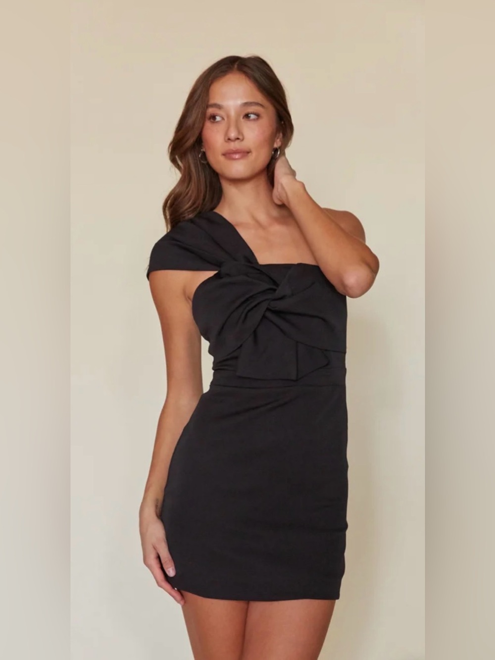 NWT American Threads One Shoulder Bow Wrap Mini Dress - black - size XS